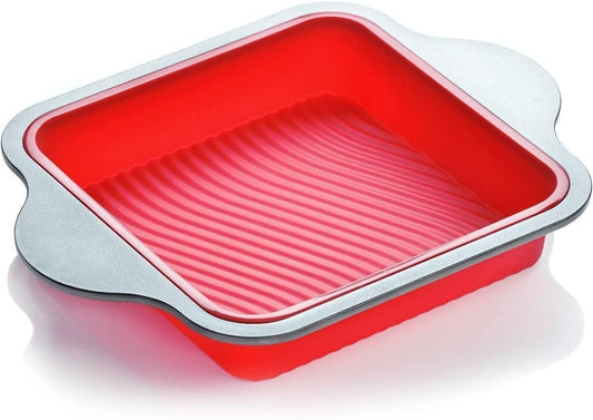 Silicone Brownie Pan - Professional Non-Stick Square 8-inch Silicone Cake Pan for Baking by Boxiki Kitchen - Best No-Stick Oven Dish Bakeware w/Steel Frame