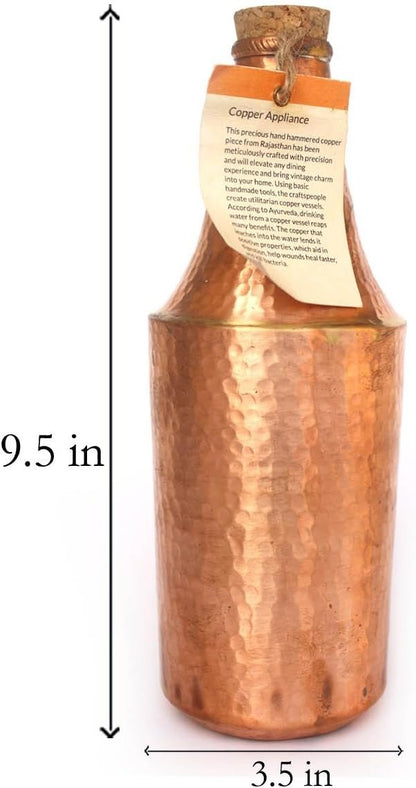 DeKulture Hand Hammered Pure Copper Water Bottle with Wooden Cork Lid (1 Liter) - Ayurvedic & Yoga Benefits, 3.5 x 9.5 (DH) Inches