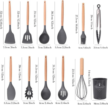 15-Piece Silicone Wooden Handle Kitchen Utensils Set, Cooking Tools with Holder, Kitchen Gadgets for Non-Stick Cookware