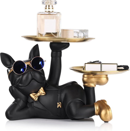 oliruim Butler Dog Statue with Tray, French Bulldog Statue Home Decoration Table Living Room Entrance Table Home Decor (Black)