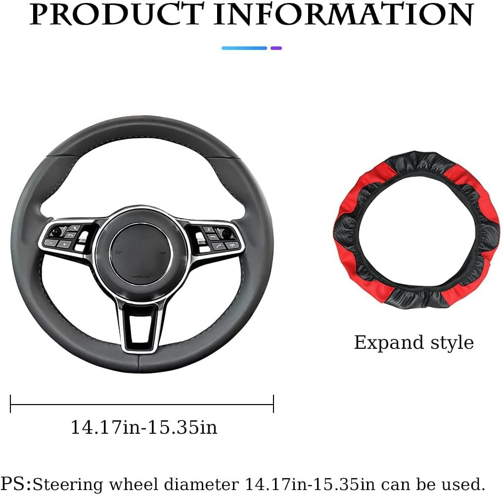 Car Steering Wheel Cover, Universal Microfiber PU Leather Elastic 15 inch Stitching Color Anti-Slip Steering Wheel Protector, Car Interior Protection Accessories Fashion Steering Wheel Cover (Red)