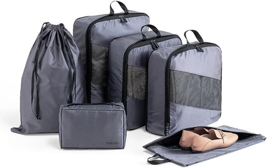 YCZHD Borsa da Viaggio a Sei Pezzi Borsa,Organizzatori Valigia Viaggio Divisori Valigia per Cosmetici Abbigliament Scarpe, Packing Cubes per Riporre i Vestiti in Viaggio(Color:Grigio)