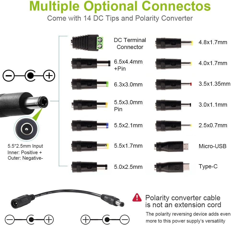 Adjustable Power Adapter 3V-36V 4A 144W, Universal AC/DC 100V-240V AC to DC Adapter with 14 Tips and Polarity Converter for Home Electronics and USB Devices, 4000mA Max
