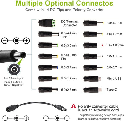 Adjustable Power Adapter 3V-36V 4A 144W, Universal AC/DC 100V-240V AC to DC Adapter with 14 Tips and Polarity Converter for Home Electronics and USB Devices, 4000mA Max