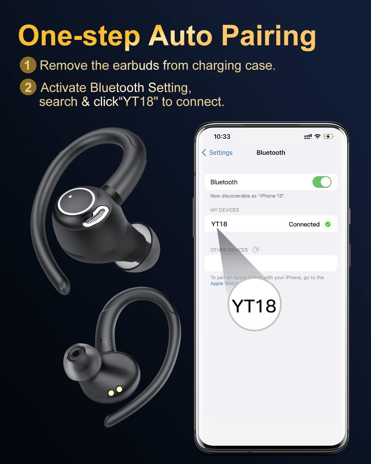 Wireless Earbuds, Bluetooth 5.3 Headphones, New Wireless Earphones HiFi Stereo Sound with 4 ENC Mic, IP7, Sport Bluetooth Earbuds in Ear EarHooks for Running, 48H Dual LED Display Ear Buds, Deep Black