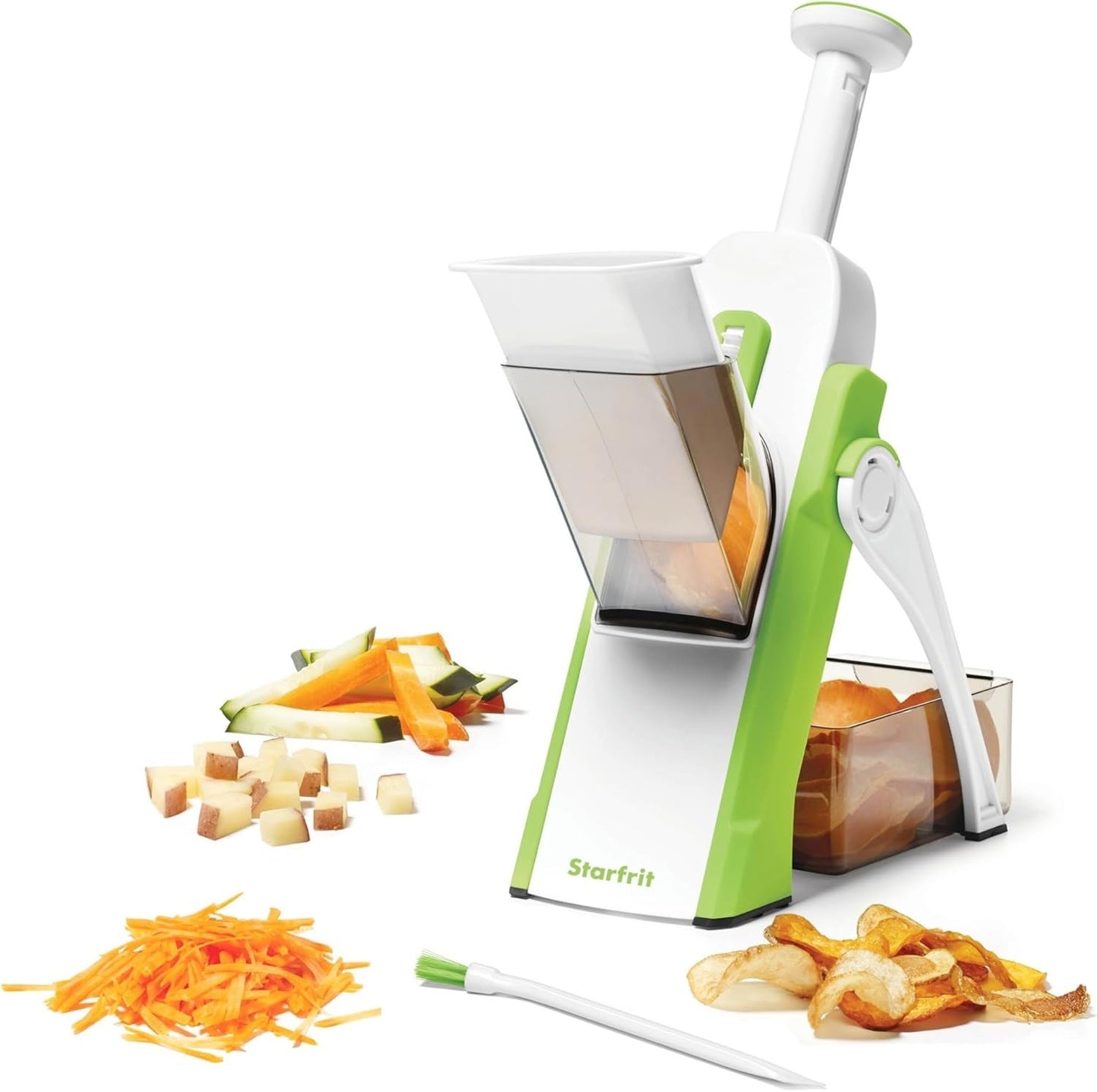 Starfrit Pump'n'Slice - Vertical Mandoline, Food Chopper, Slicer - Safe Enclosed Blades - Folds for Storage | Cleaning Tool -2-in-1
