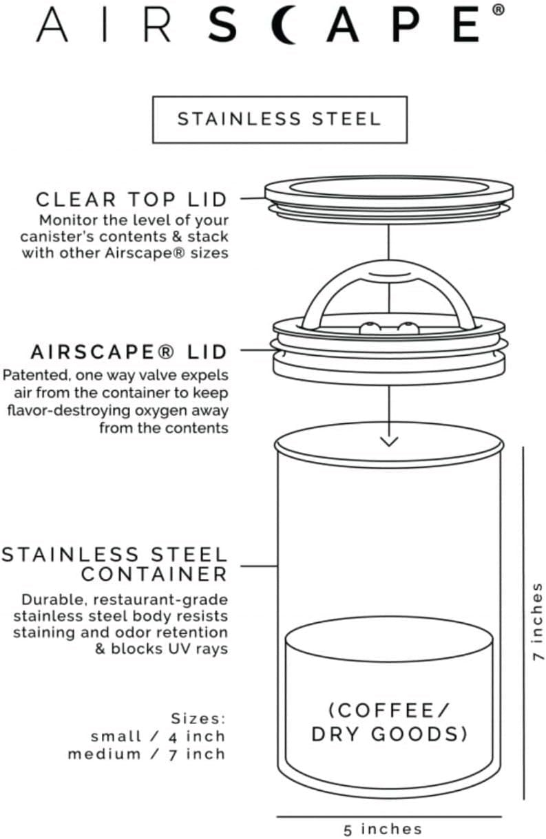 Airscape Stainless Steel Coffee Canister | Food Storage Container | Patented Airtight Lid | Push Out Excess Air Preserve Food Freshness (Matte Black, Medium)