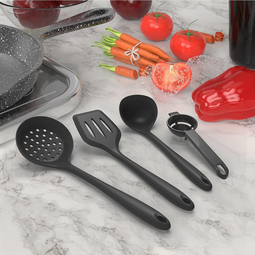 Dishwasher Safe Silicone Cooking Utensils Set - 446°F Heat Resistant Basic Silicone Kitchen Utensils,Turner Tongs, Spatula, Spoon, Brush, Whisk, Gadgets Tools for Nonstick Cookware (BPA Free - Black)