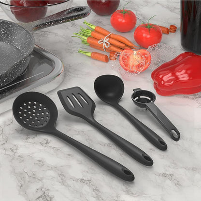 Dishwasher Safe Silicone Cooking Utensils Set - 446°F Heat Resistant Basic Silicone Kitchen Utensils,Turner Tongs, Spatula, Spoon, Brush, Whisk, Gadgets Tools for Nonstick Cookware (BPA Free - Black)