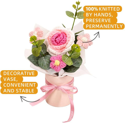 suyakota Crochet Medium Rose Flower Bouquet: Handmade Knitted Bouquet for Mother's Day Birthday Home Decor Girlfriend Wedding Grandma Bday Gift (Pink)