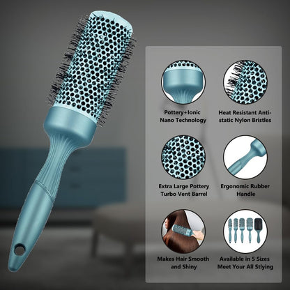 Aozzy 5pcs Round Thermal Barrel Brush Set - Professional Heat Styling, Curling, and Blow Drying for Shiny Hair in 5 Different Sizes