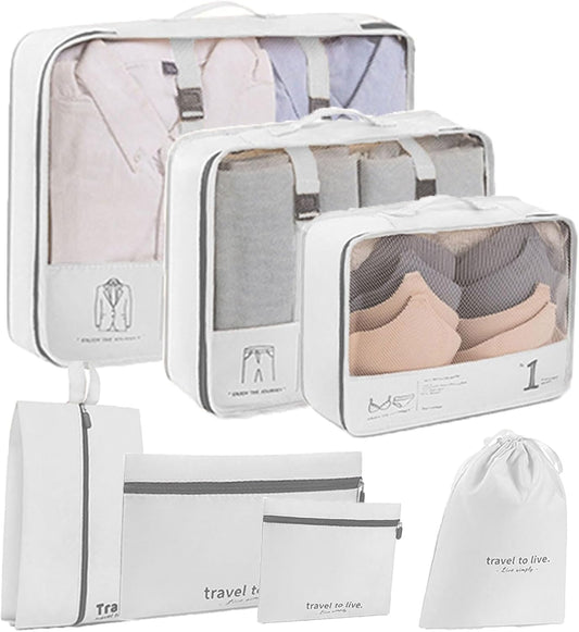 JEFEYA 7 Set Packing Cubes, Independent Digital Packing Cubes, Reusable Large Travel Packaging Bags, Waterproof Luggage Organizers Suitcase Travel Accessories (White)