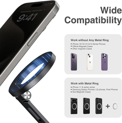 elitehood Aluminum Magnetic Phone Tripod Mount Adapter for MagSafe iPhone 15/14/13 Series with 1/4” Screw & Cold Shoe, Dual 180° Tilt Phone Mount for Portable Electronic Devices