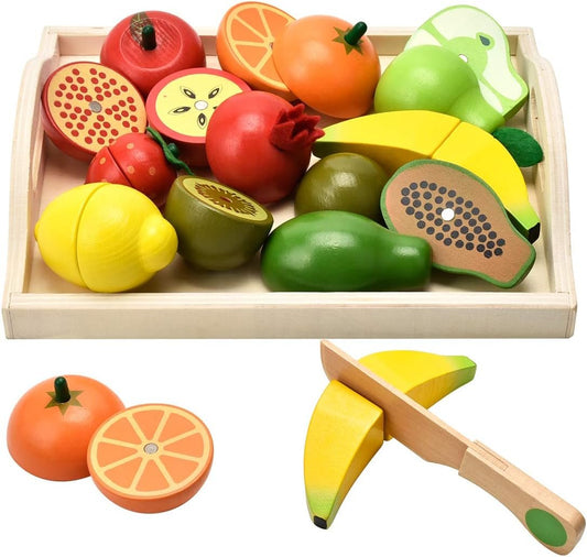 CARLORBO Wooden Toys for 2 Year Old- Pretend Play Food Set for Kids Play Kitchen,9 Cuttable Toy Fruit and Veg with Wooden Knif and Tray,Gift Idea for Boy Girl Birthday