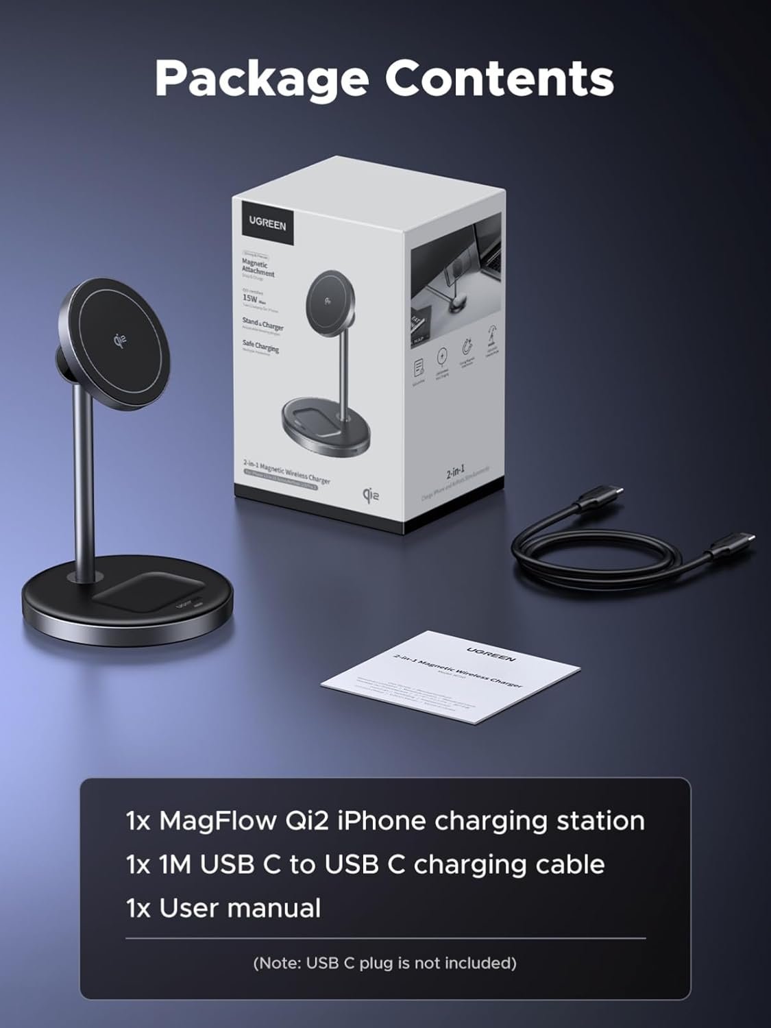 UGREEN MagFlow Qi2 Wireless Charger, 15W 2-in-1 Magsafe Charge Stand, Magnetic Station with 1M USB-C Cable for iPhone 16/15/14/13/12 Series and AirPods 4/3/2/Pro (No AC Adapter)