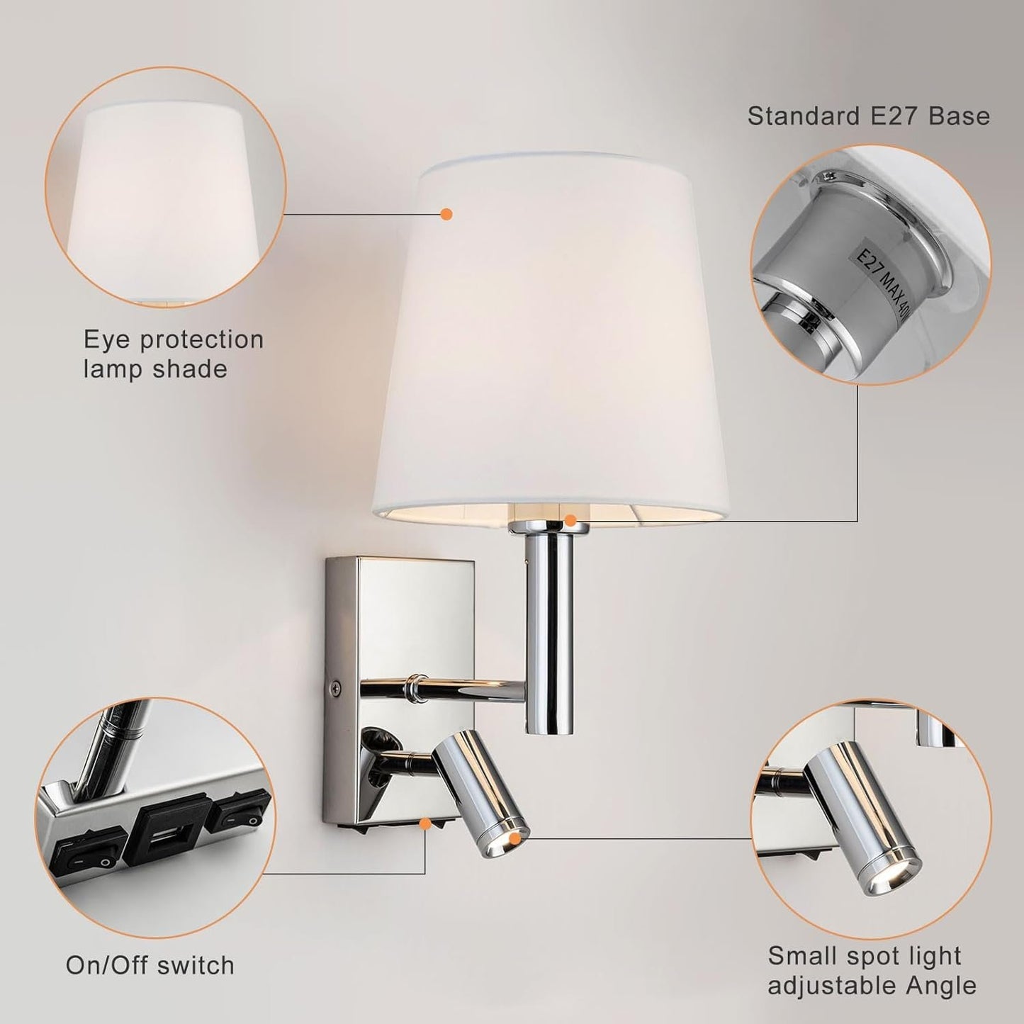 HARPER LIVING 1xE27/ES Up Down Wall Adjustable LED Reading Light, 1 USB Port and 2 On/Off Switches, Finish, Fabric (Cylinder Shade), Metal, Polished Chrome and White