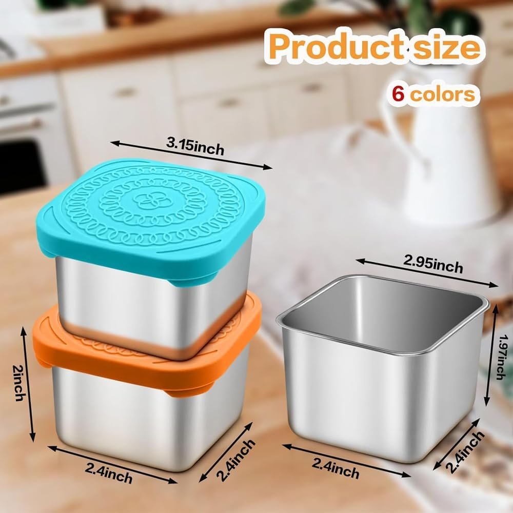 6PACK 6OZ Stainless Steel Snack Containers, Leak Proof Small Food Storage Container with Silicone Lid, Stackable Reusable Small Metal Lunch Bento Boxes Set