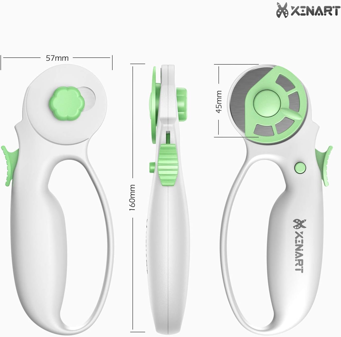 Xinart 45mm Rotary Cutter for Fabric Safety Lock Ergonomic Classic Comfort Loop Fabric Small Rotary Cutter for Sewing Quilting Crafting (Extra 2pcs Replacement Blades Included)-Green