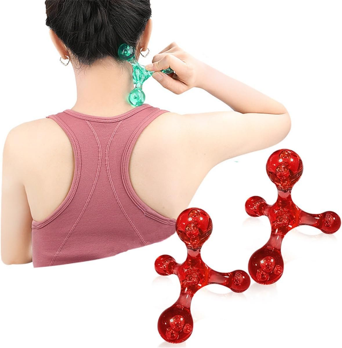 Jocaluyia 2 PCS 4 Point Manual Massager Deep Muscle Tissue Trigger Point Massage Tool, Handheld Palm Pressure Point Massage Tool, for Neck Shoulder Back Muscle Pain Relief (Red)