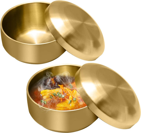 Aynaxcol Stainless Steel Rice Bowl with Lid, Set of 2, for Korean Kitchen Restaurant, Double-walled Metal Bowls, Multi-Purpose Insulated Soup Bowls Snacks Bowls (11.5cm Gold)