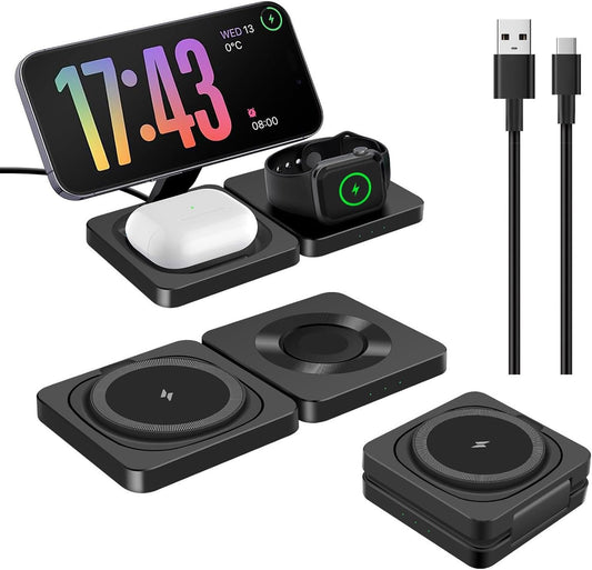 3 in 1 Wireless Charger Stand for Mag-Safe Charging, Foldable 15W Fast Magnetic Wireless Charging Stand for iPhone 16 15 14 13 12 Pro Max,AirPods,Apple Watch Series 10/Ultra 2/9/8/7/6/SE/5/4/3,Black