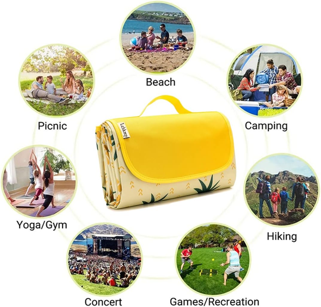 K Y KANGYUN Beach Blanket Outdoor Picnic Blanket Mat 80"x60" Extra Large Waterproof Sand Proof Camping Blanket Lightweight Folding Portable Travel Blanket for Family Park Beach Grass (Pineapple)