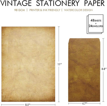Paper Master 48 Pack Antique Stationary and Envelopes Set - 8.5inch x 11inch Double Sided Parchment Writing Old Fashioned Design & Printer Friendly Invitations, Scrapbook 8.5-x-11-Inch
