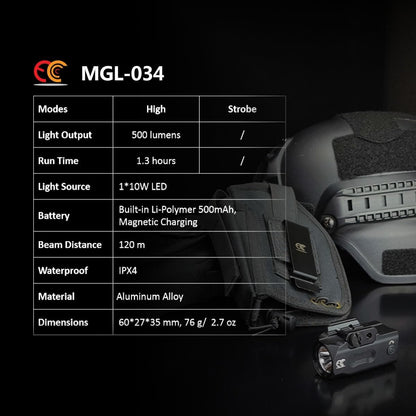 MCCC Compact Tactical Flashlight Aluminum 500 High Lumens, Magnetic Rechargeable, for Pistols, Handguns, Shotguns, Airsoft, Picatinny Rail Mounted
