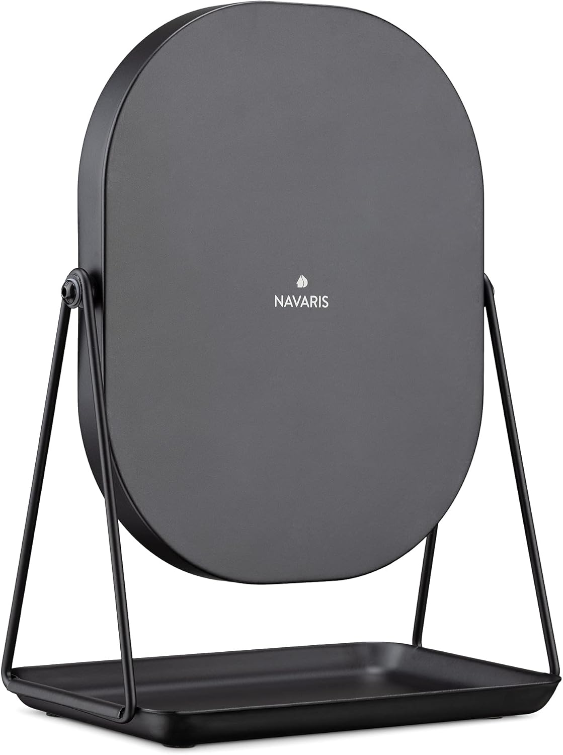 Navaris Makeup Mirror with Jewellery Box – Oval Make-Up Cosmetic Mirror 18 x 22.5 cm – 360° Swivel with Jewellery Tray – Black Design