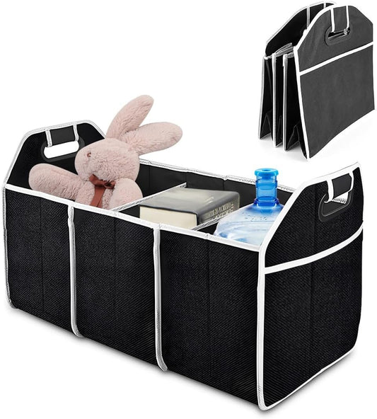 JUSTTOP Car Trunk Organizer, Portable Foldable Trunk Storage Container with 3 Compartments, Waterproof Large Capacity Cargo Trunk Organizer for Sedan Truck SUV, Car Accessories