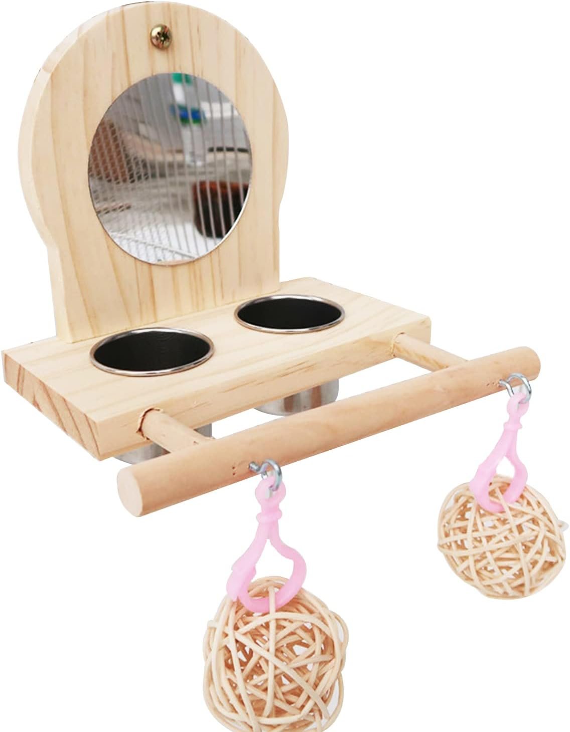Joyeee Bird Mirror for Cage, 2 Pcs Stainless Steel Bird Feeding & Watering Supplies, Bird Perch and Bird Training Toys Small Rattan Balls for Budgies, Parakeets, Lovebirds and Finch Canaries Cage