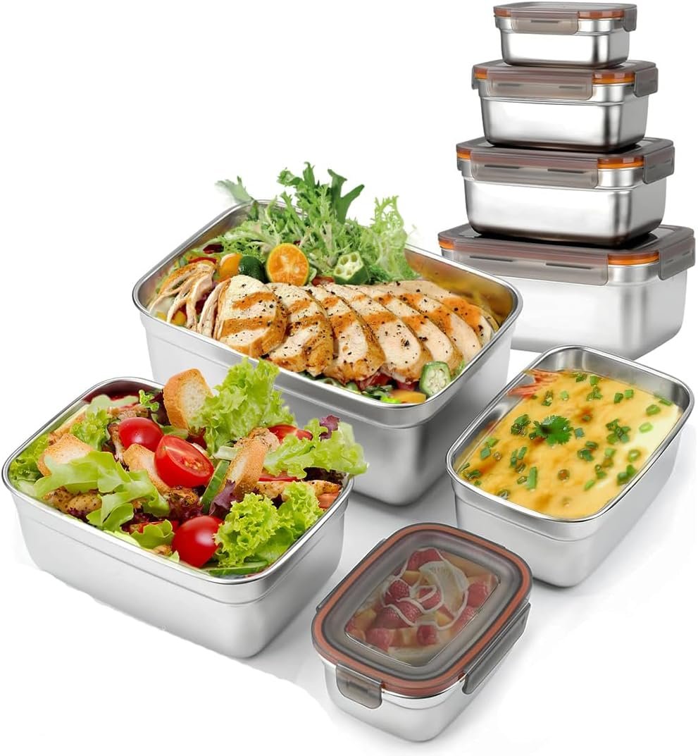 SYAMEET 4-Pack Food Storage Containers with Airtight Lids,Stainless Steel Bento Lunch Box, Leak-Proof Metal Food Storage Boxes for Kitchen, Fridge & Travel, 550ml/1100ml/1900ml/3500ml Sizes, BPA-Free