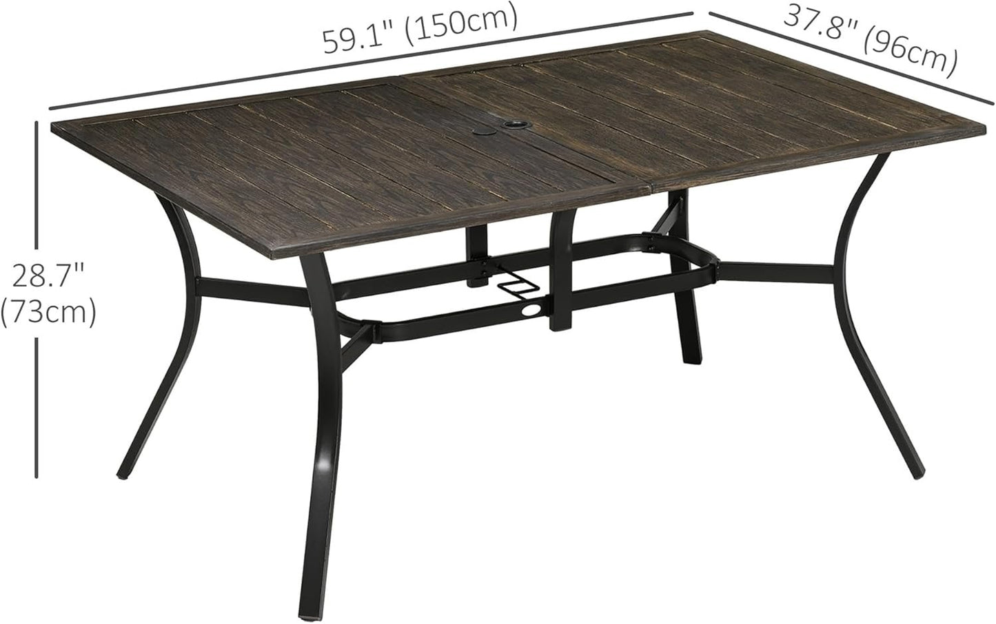 Outsunny 59 Inch Outdoor Dining Table for Six, Patio Table with Parasol Hole, Wood Grain Tabletop, Steel Frame, for Backyard, Garden, Balcony, Deck, Brown