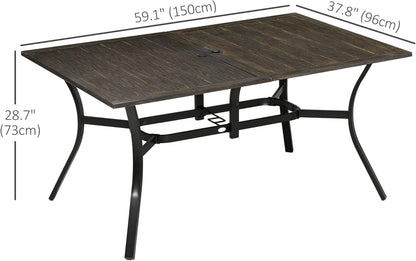 Outsunny 59 Inch Outdoor Dining Table for Six, Patio Table with Parasol Hole, Wood Grain Tabletop, Steel Frame, for Backyard, Garden, Balcony, Deck, Brown