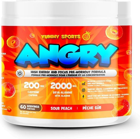 Yummy Sports Angry Pre-Workout - Explosive Energy, Enhanced Muscular Endurance & Reduced Fatigue - Beta-Alanine Formula - Pre-Workout for Peak Athletic Performance - Improves Cardio Performance - 60 Servings - Funky Peach