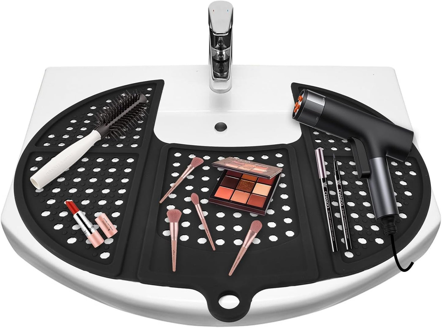 YHJWW Foldable Bathroom Sink Cover for Counter Space, Heat Resistant Silicone Makeup Organizer Mat for Your Beauty Routine, Small Bathroom & Rv Camper Travel Must Haves Accessories, Black