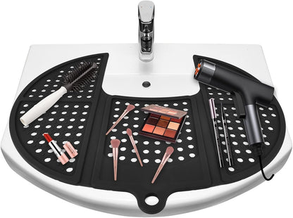 YHJWW Foldable Bathroom Sink Cover for Counter Space, Heat Resistant Silicone Makeup Organizer Mat for Your Beauty Routine, Small Bathroom & Rv Camper Travel Must Haves Accessories, Black