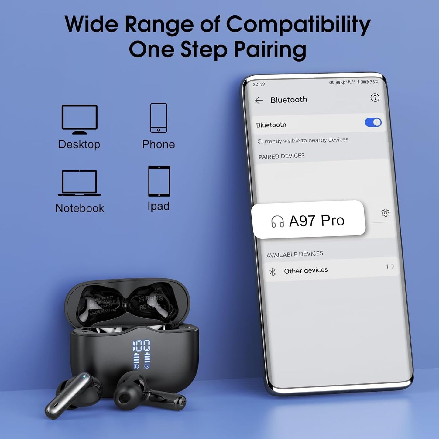 Wireless Earbuds, Bluetooth Headphones 5.4 HiFi Stereo, 40 Hrs Wireless Ear Buds with 4 ENC Noise Cancelling Mics, LED Digital Display USB C, IPX7 Waterproof in Ear Earphones for iOS and Android Black