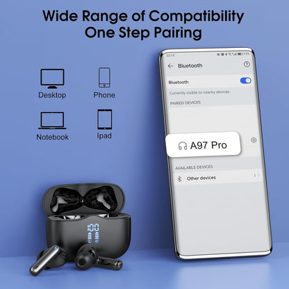 Wireless Earbuds, Bluetooth Headphones 5.4 HiFi Stereo, 40 Hrs Wireless Ear Buds with 4 ENC Noise Cancelling Mics, LED Digital Display USB C, IPX7 Waterproof in Ear Earphones for iOS and Android Black