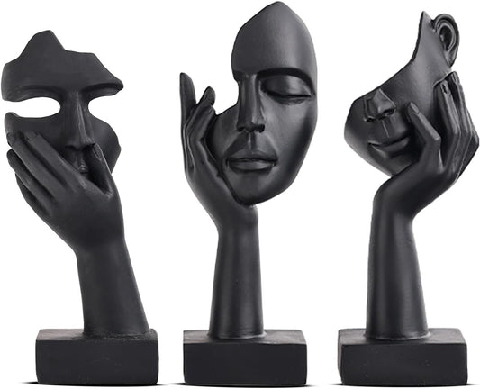 Black Home Decor Accent Art Woman Face Statue Collectible Statue for Modern Home Living Room Bookshelf Black Desk Decor 3 Pieces Set