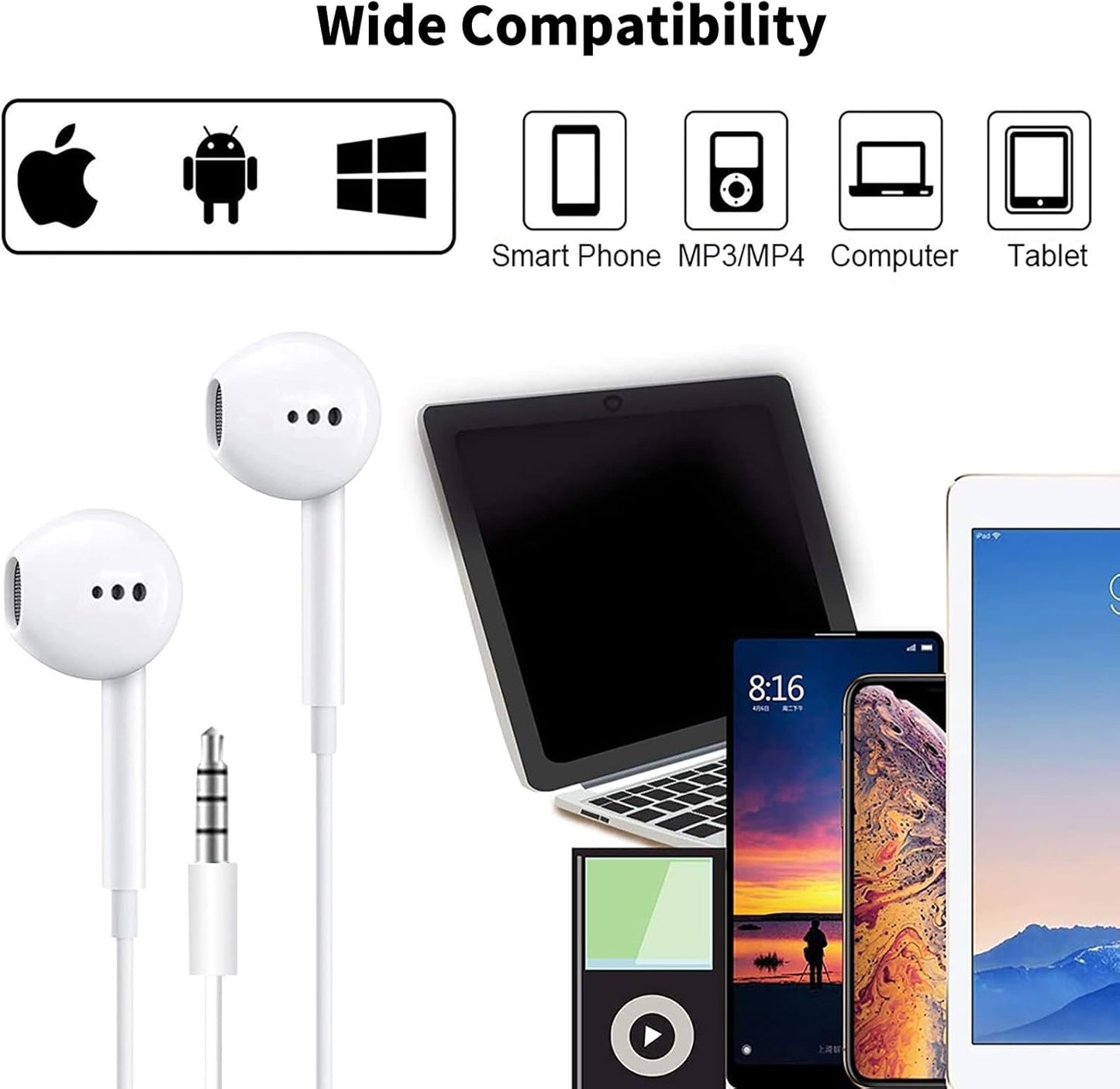 Feefuzz 2 Packs Apple Wired Headphones Earbuds with Microphone,in-Ear Earphones Volume Control[Apple MFi Certified] Compatible iPhone/ipad/Android/Computer 3.5mm Jack Devices, White, Small-6 (MX13)