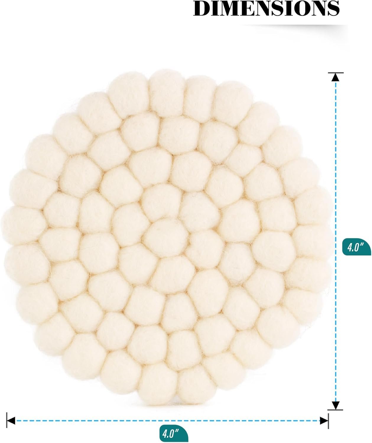 Set of 4 Round Felt Ball Coasters - 100% Merino Wool Table Coasters for Drinks and Bar - Absorbent, Heat Resistant, Thick & Durable Felt Coaster Pads - Handcrafted in Nepal, Eco-Friendly-White, B1400