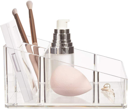 STORi Clear Plastic Vanity Makeup Organizer | Compact Rectangular 4-Compartment Holder for Brushes, Eyeshadow Palettes, & Beauty Supplies | Made in USA