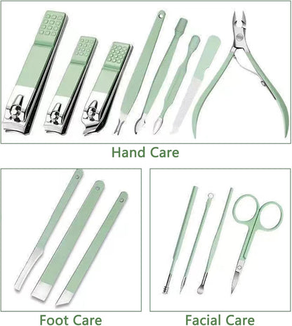 Toguma Manicure Set Nail Clippers Pedicure Kit 16 Pieces Stainless Steel Manicure Kit with Green Bag, Fingernail Toenail Clippers for Home Workplace Outdoor Travel (Green)