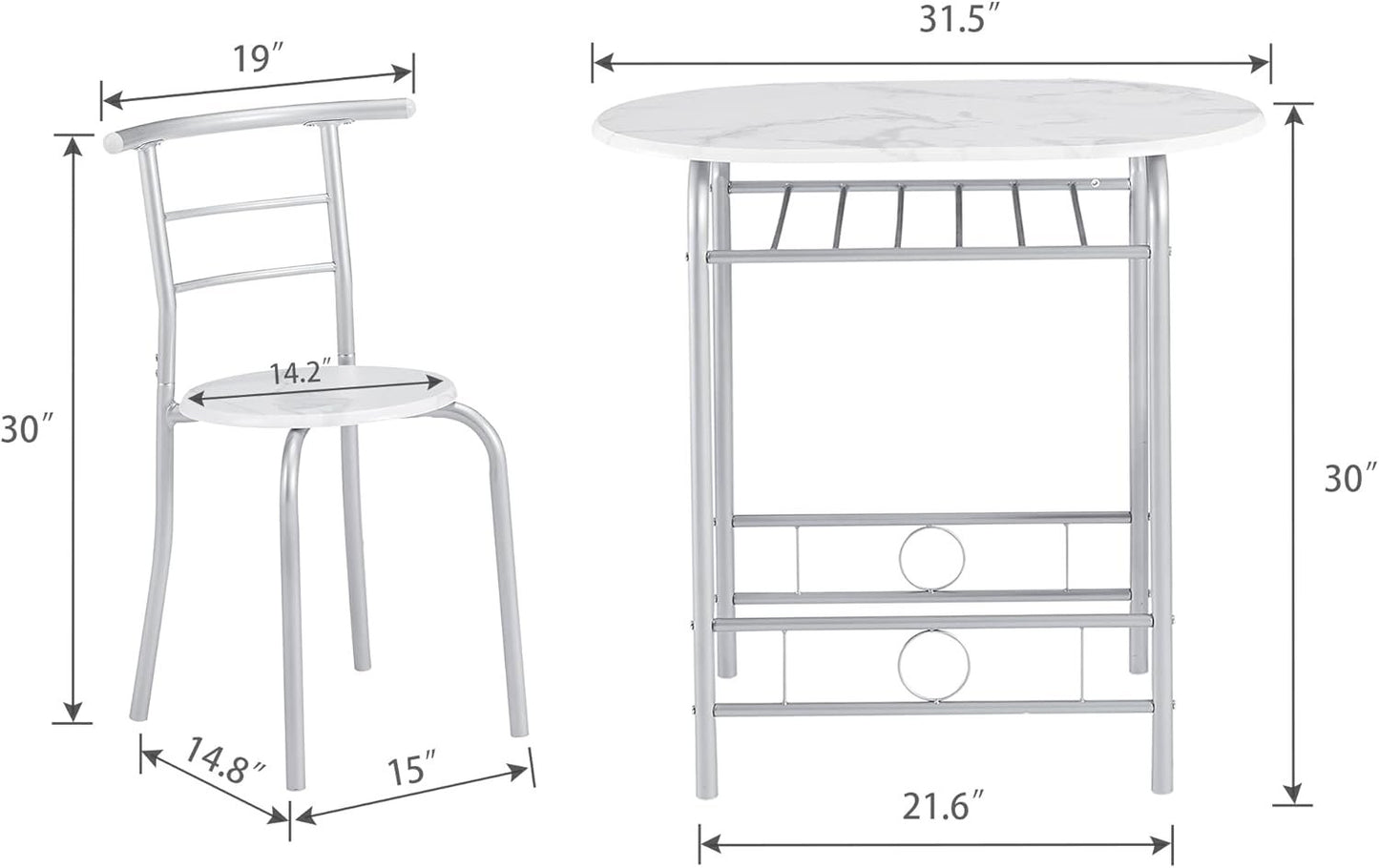 VECELO 3 Piece Small Round Dining Table Set for Kitchen Breakfast Nook, Wood Grain Tabletop with Wine Storage Rack, Save Space, 31.5", White & Silver
