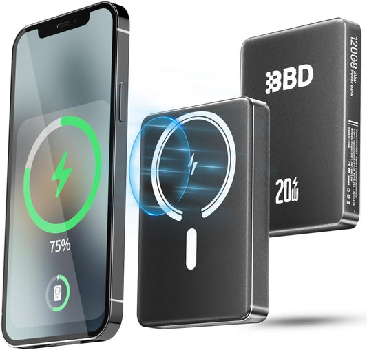 BBD 12000mAh Magsafe Power Bank for iPhone,Wireless Power Bank With 20w Fast Charger,Magsafe Battery Pack With Cable USB C In&Out,Slim Magnetic Portable Charger For Iphone 16/15/14/13/12 Series 1 Pack