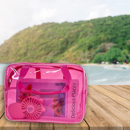 TotePrint Clear Star Large Toiletry Bag and Travel Case with Handle Durable Material Zipper Design Ideal for Makeup Travel Essentials, pink, Bag with printed star handle