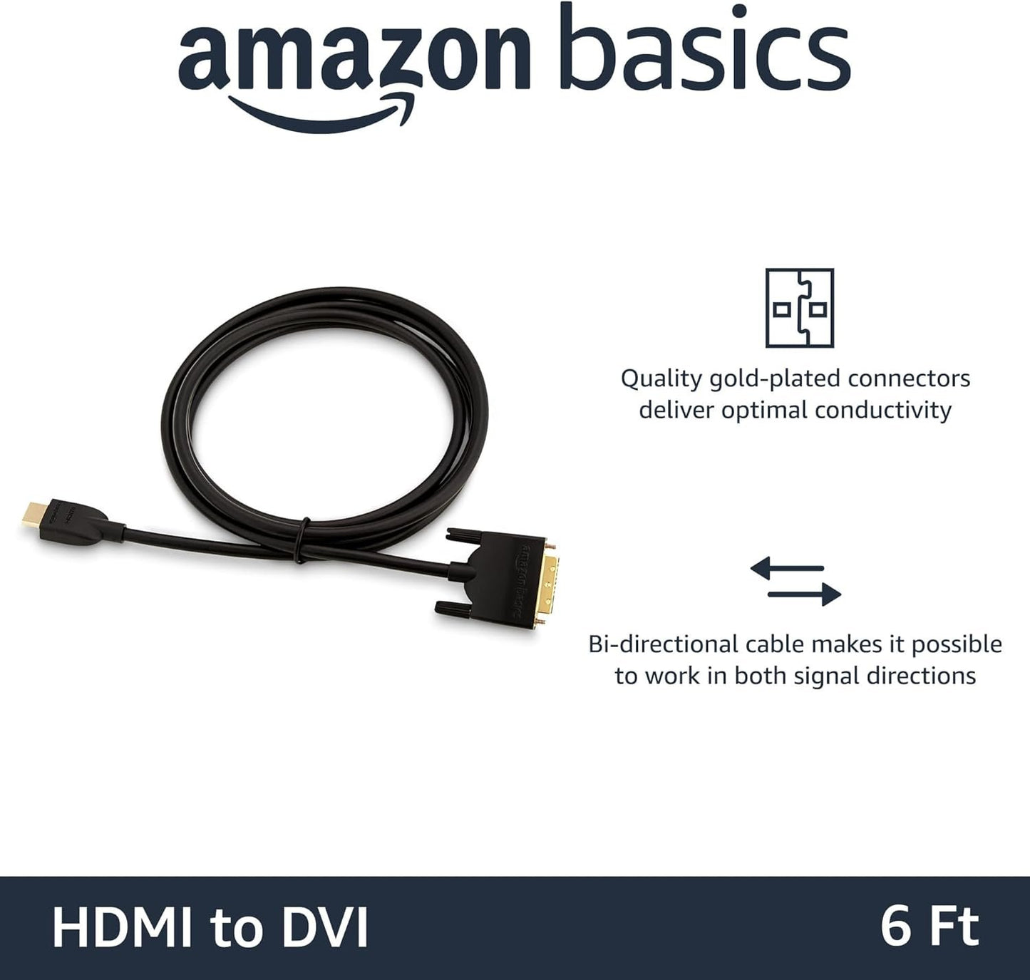 Amazon Basics HDMI to DVI (Male) Adapter Cable, Bi-Directional 1080P, 6 ft/1.8 m, Gold-Plated, Easy to Install, Single Pack for Television, Black