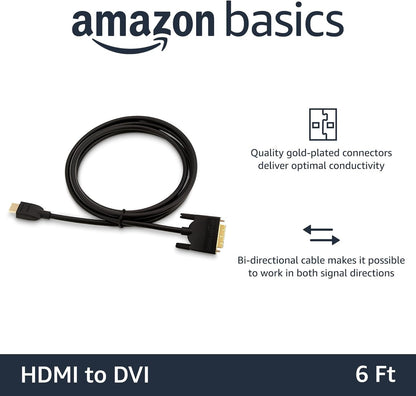 Amazon Basics HDMI to DVI (Male) Adapter Cable, Bi-Directional 1080P, 6 ft/1.8 m, Gold-Plated, Easy to Install, Single Pack for Television, Black