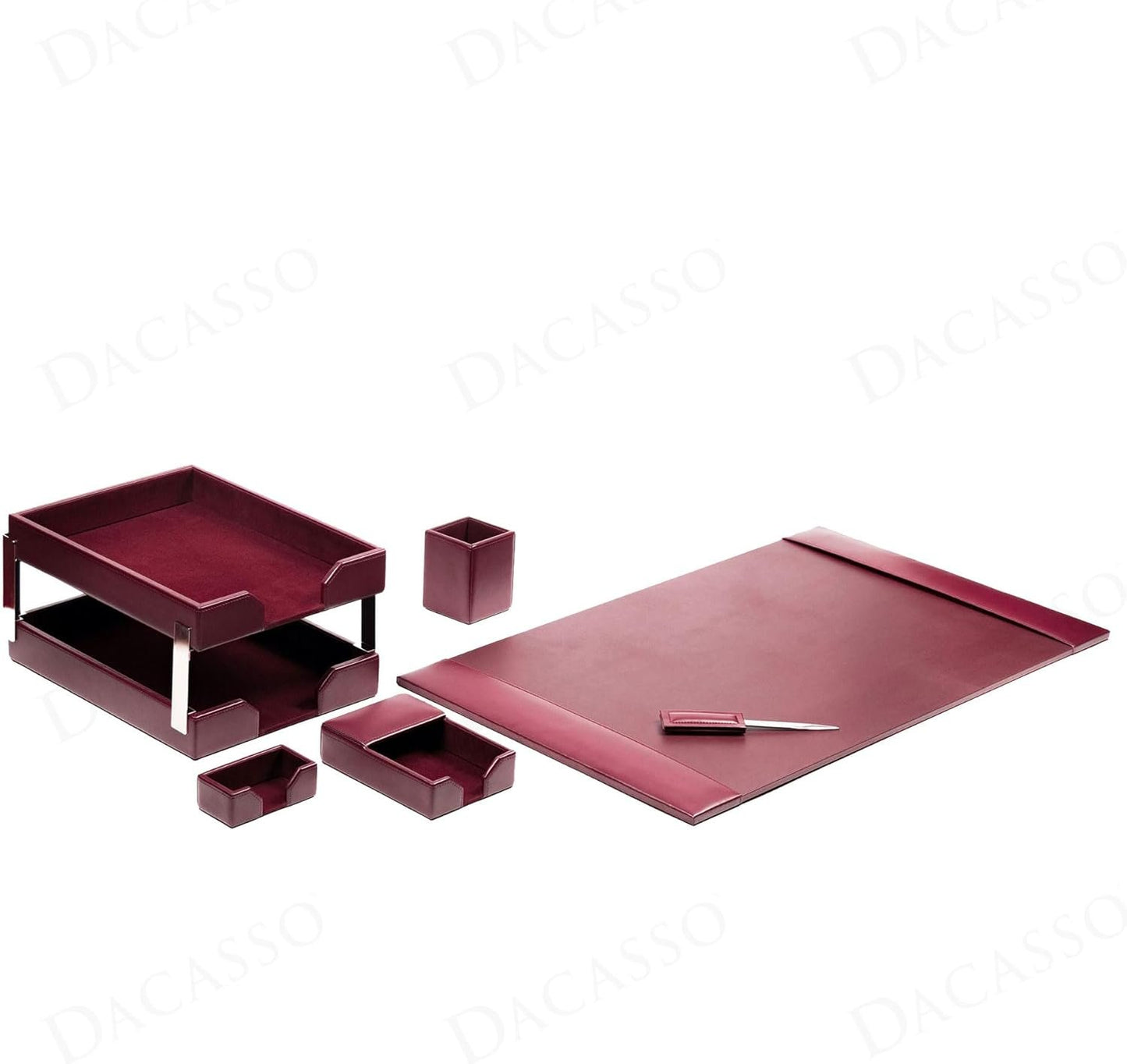 Dacasso Burgundy Bonded Leather Luxury 8-Piece Desk Accessory Set - Blotter Pad & Desk Organization Essentials - Executive Decor and Surface Protector